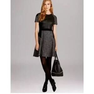 Karen Millen Wool Blend Herringbone Tweed Faux Leather Dress Size: US 8 UK 12